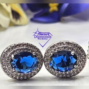 Oval Blue Sapphire & White Baguette Diamond Earrings on 925